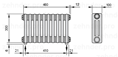 Схема (чертеж) Радиатор Zehnder Charleston 3030/10 №3570 Белый глянцевый RAL 9016